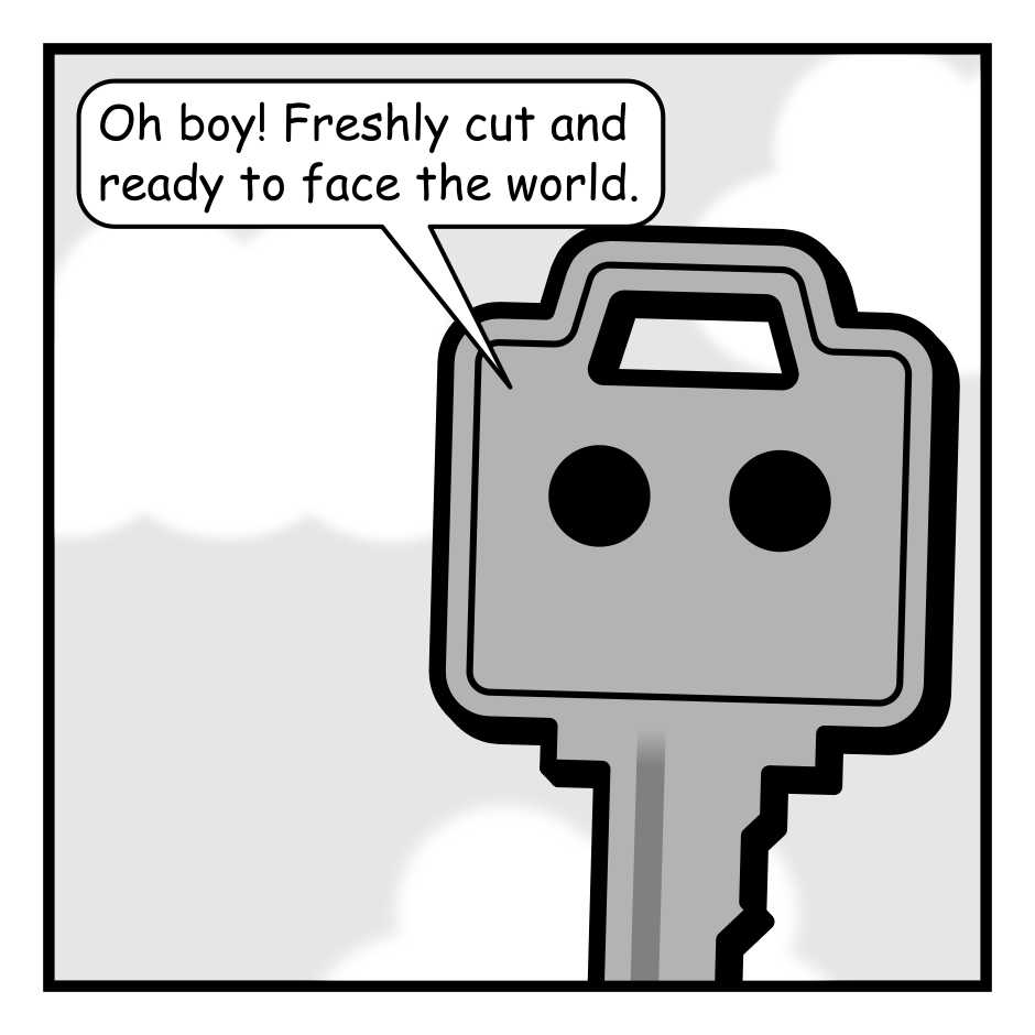 A 4 panel grayscale comic featuring a key with eyes.
Panel 1.
The key is visible upright with the sky in the background.
Key, excited: Oh boy! Freshly cut and ready to face the world.
Panel 2.
Key, excited: Now that I'm free of that stuffy old shop the world is mine for the taking. Forward to adventure!
Panel 3.
We zoom out a bit and we see the key being brought towards a key chain.
Key, panicked: Wait! What the heck is that!?
Panel 4.
We see the key on a the key chain with other keys and a fob being put into a pocket.
Key, angrily: I swear VENGEANCE! I will not be chained! I will not be chained!